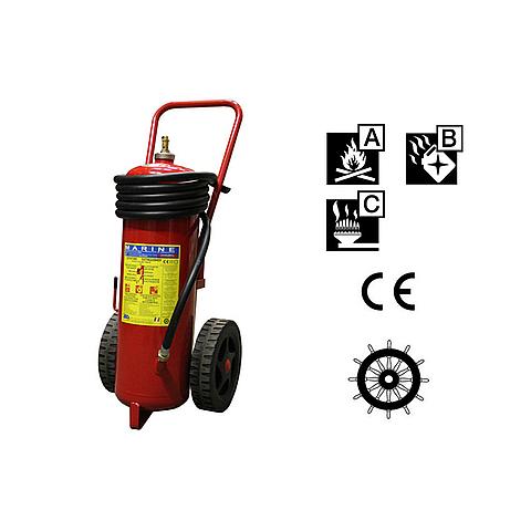 SG00261 Powder Wheeled Extinguisher 25 kgs ABC (cartridge) Wheeled fire extinguishers are being used to extinguish large fires and during situations in which portable fire extinguishers are not sufficient for a fire to extinguish. Its sturdy construction and versatility make the mobile extinguisher rapidly deployed and operated by one person. The body of the fire extinghuiser has been made of RVS.